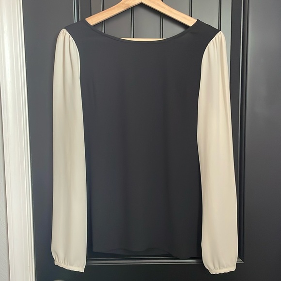 LOFT Tops - LOFT sheer, long sleeve black + cream color block blouse with back tie